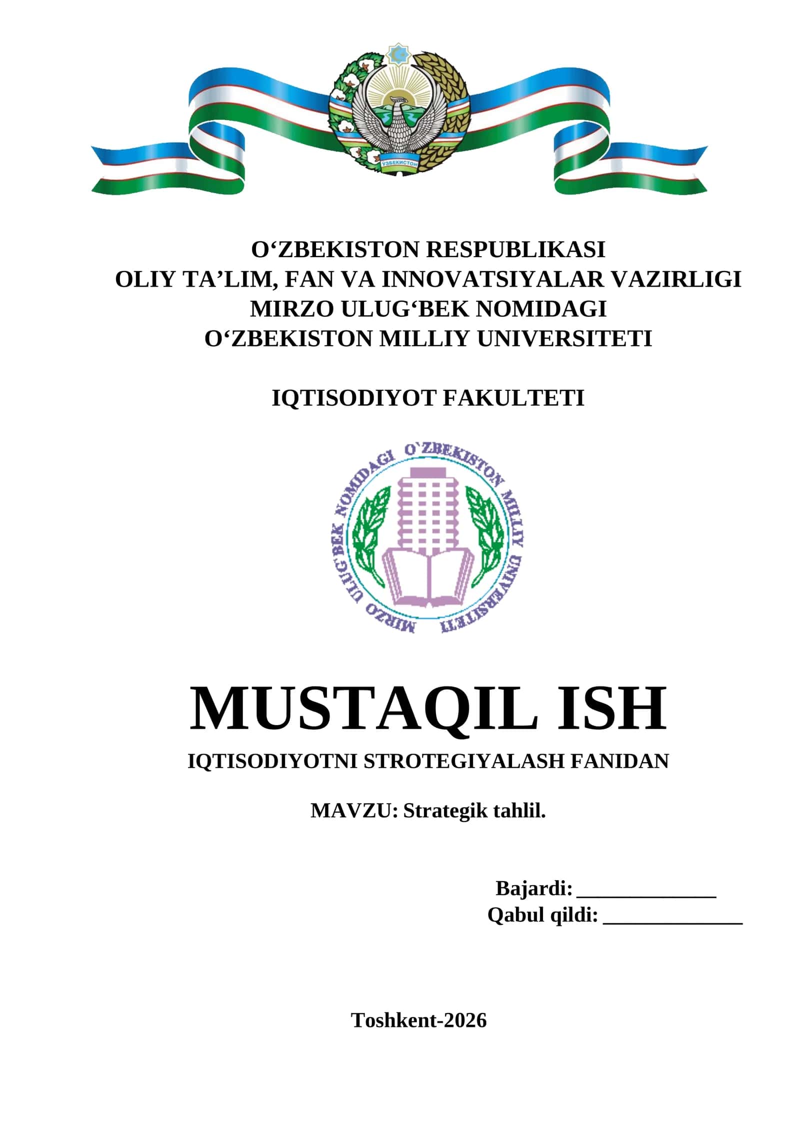MUSTAQIL ISH IQTISODIYOTNI STROTEGIYALASH FANIDAN 1