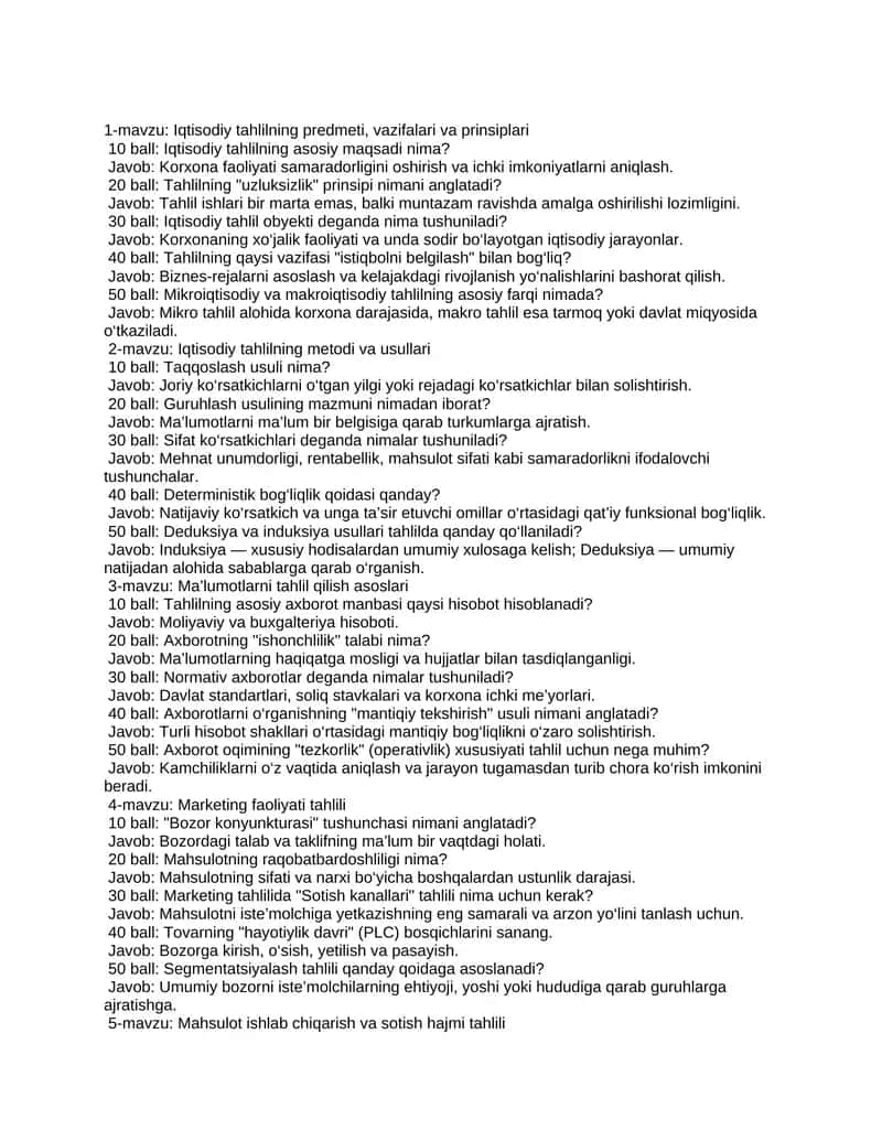 Iqtisodiy tahlil fanidan mavzuli va balli savollar (qo'shimcha) 1