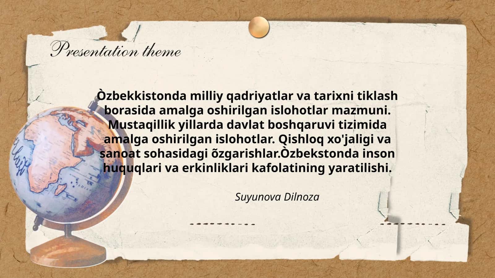 Òzbekkistonda milliy qadriyatlar va tarixni tiklash borasida amalga oshirilgan islohotlar mazmuni. Mustaqillik yillarda davlat boshqaruvi tizimida amalga oshirilgan islohotlar. Qishloq xo'jaligi va sanoat sohasidagi õzgarishlar.Òzbekstonda inson huquqlari va erkinliklari kafolatining yaratilishi 1
