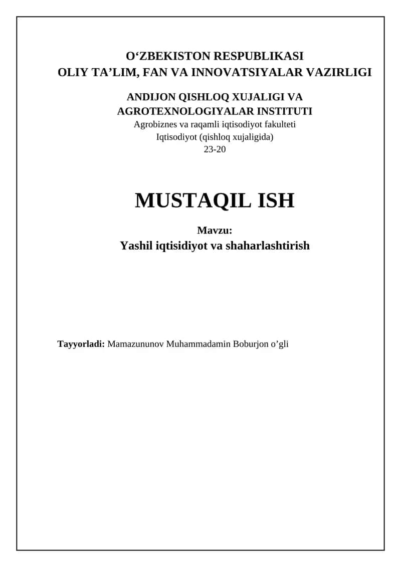 Yashil iqtisodiyot va urbanizatsiyaning asosiy tamoyillari 1