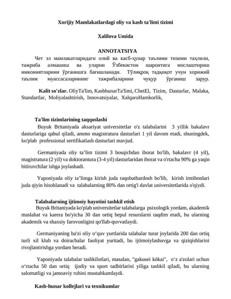 Xorijiy Mamlakatlardagi oliy va kasb ta'limi tizimi 1