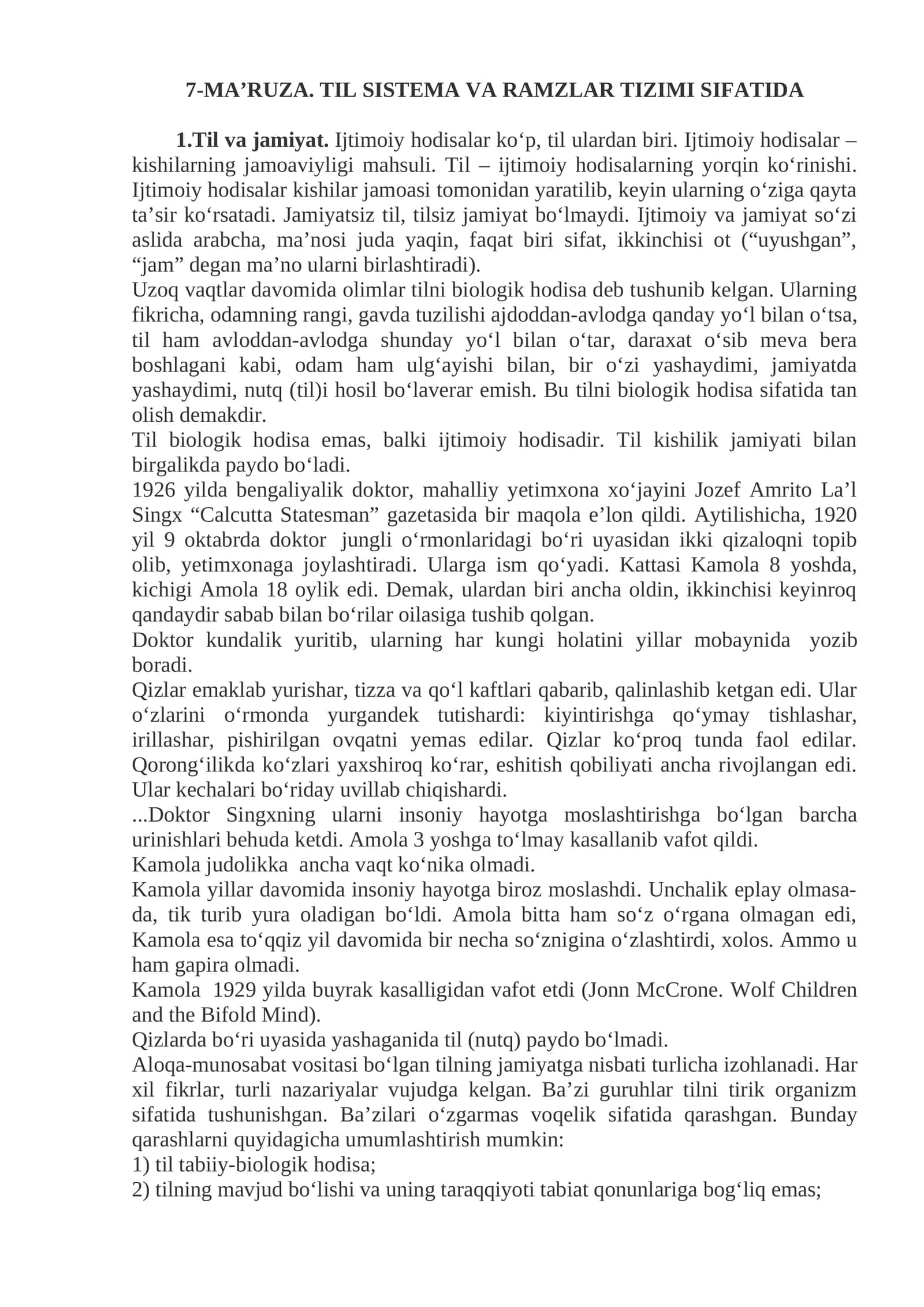 7-MA’RUZA. TIL SISTEMA VA RAMZLAR TIZIMI SIFATIDA 1
