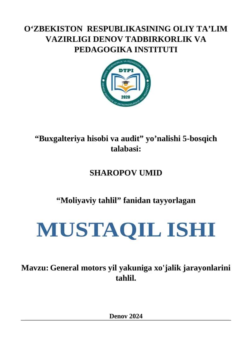 General motors yil yakuniga xo'jalik jarayonlarini tahlil 1