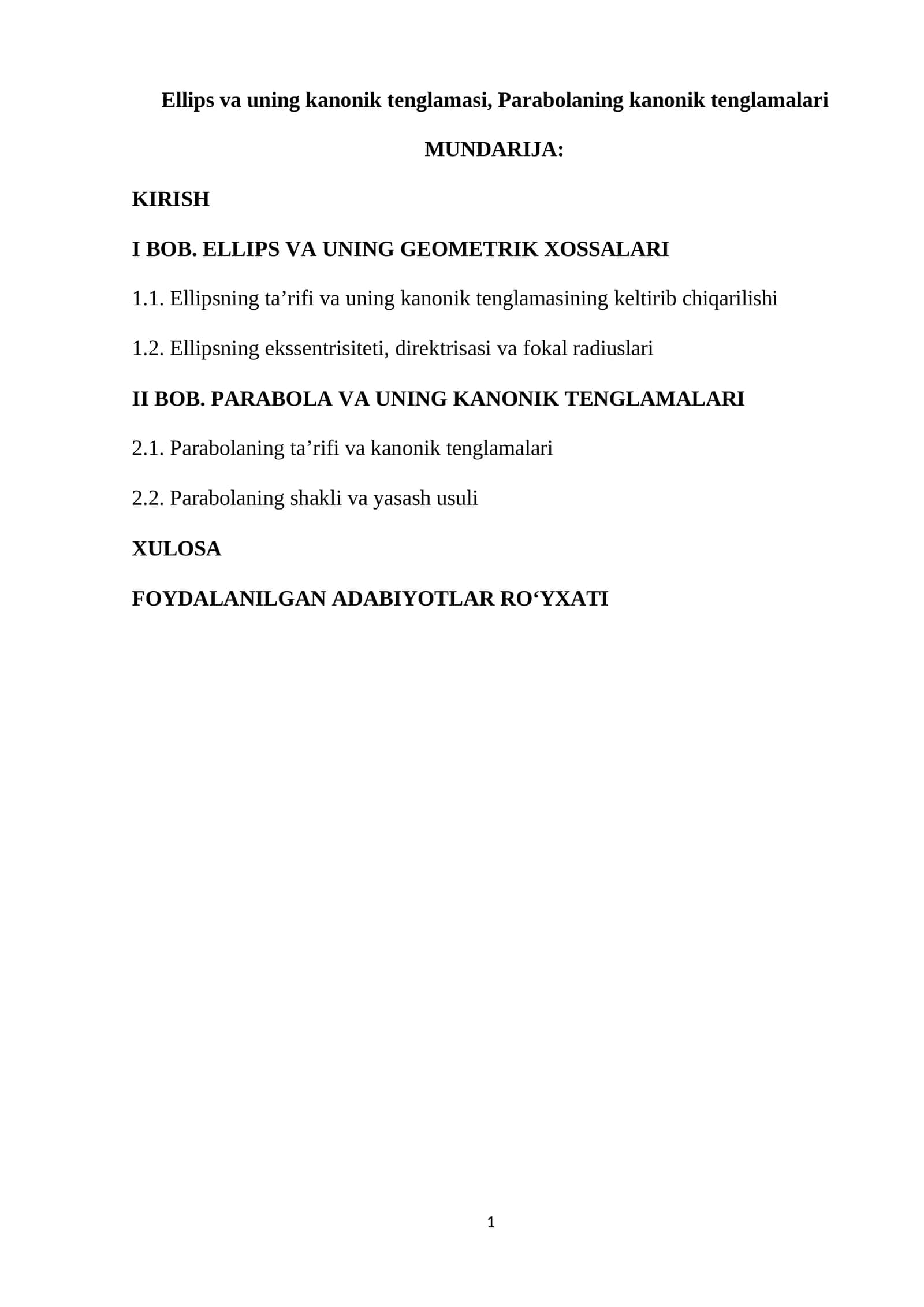 Ellips va uning kanonik tenglamasi, Parabolaning kanonik tenglamalari 1