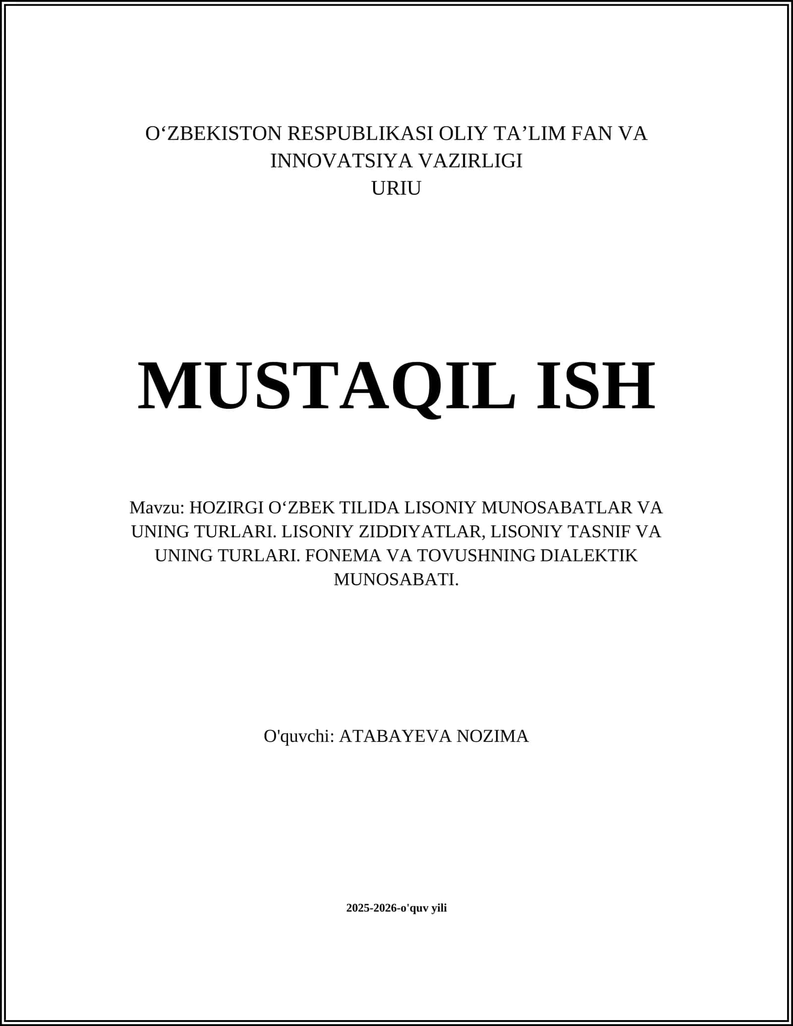 HOZIRGI O‘ZBEK TILIDA LISONIY MUNOSABATLAR VA UNING TURLARI 1