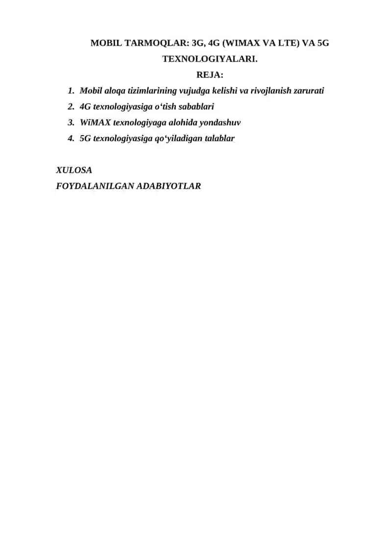 MOBIL TARMOQLAR: 3G, 4G (WIMAX VA LTE) VA 5G TEXNOLOGIYALARI.