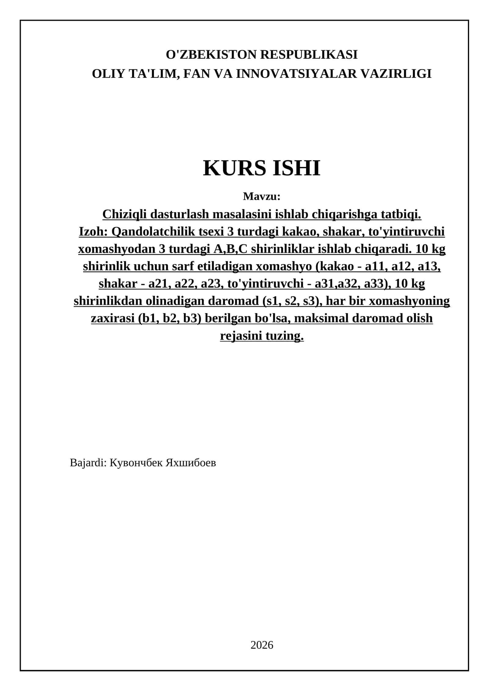 Chiziqli dasturlash masalasini ishlab chiqarishga tatbiqi 1