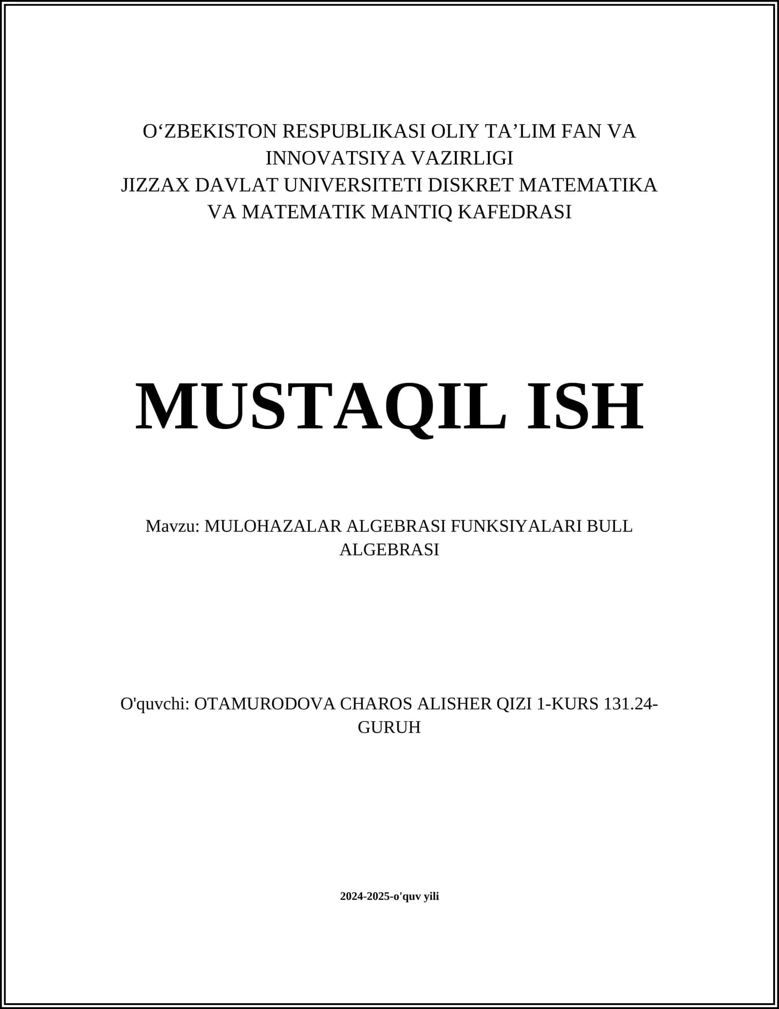 MULOHAZALAR ALGEBRASI FUNKSIYALARI BULL ALGEBRASI 1