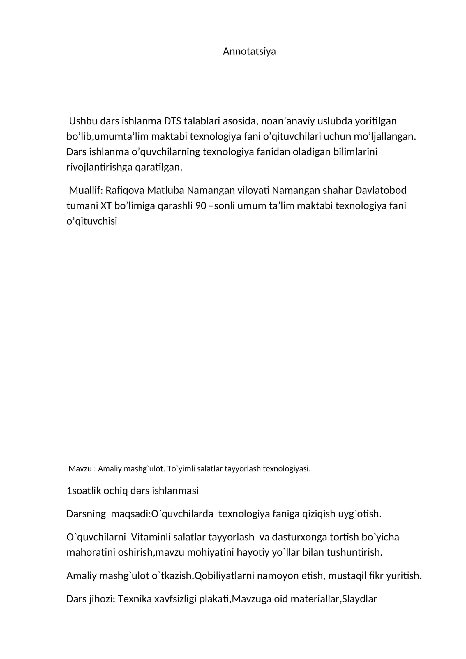 8-sinf Texnologiya fanidan To'yimli salatlar tayyorlash mavzusida dars ishlanma 1