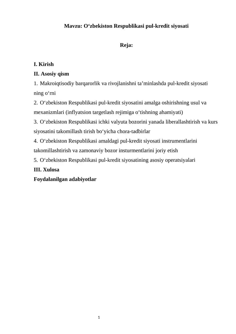 O‘zbekiston Respublikasi pul-kredit siyosati 1