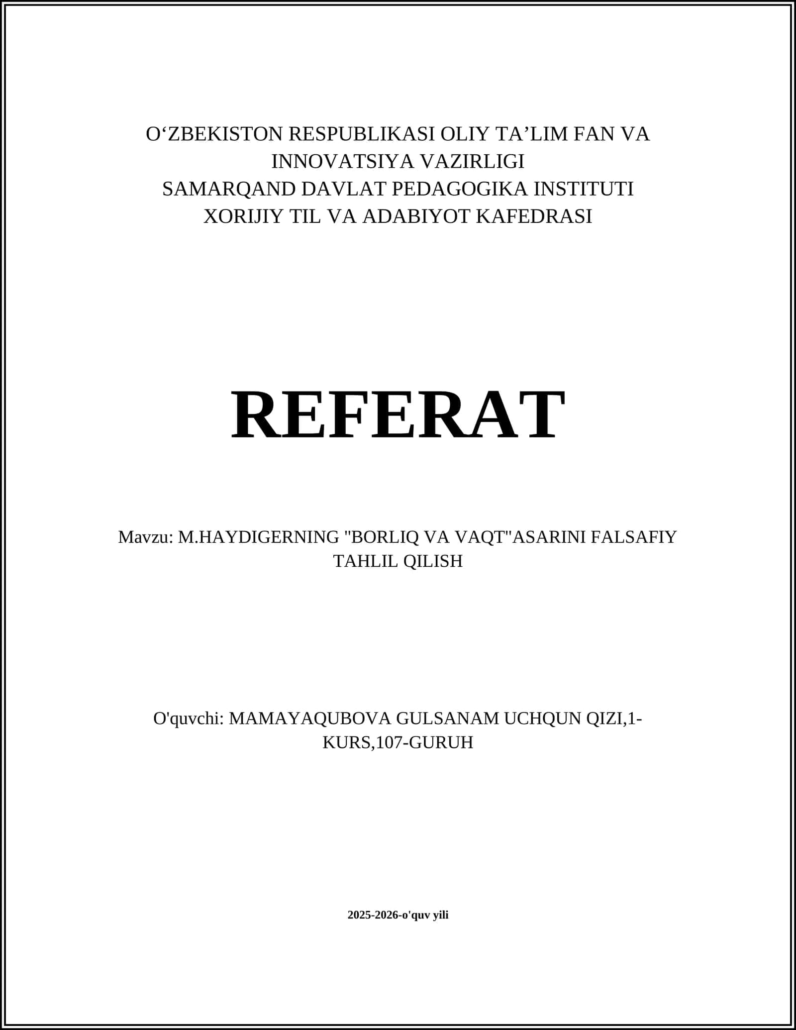 M.HAYDIGERNING "BORLIQ VA VAQT" ASARINI FALSAFIY TAHLIL QILISH 1