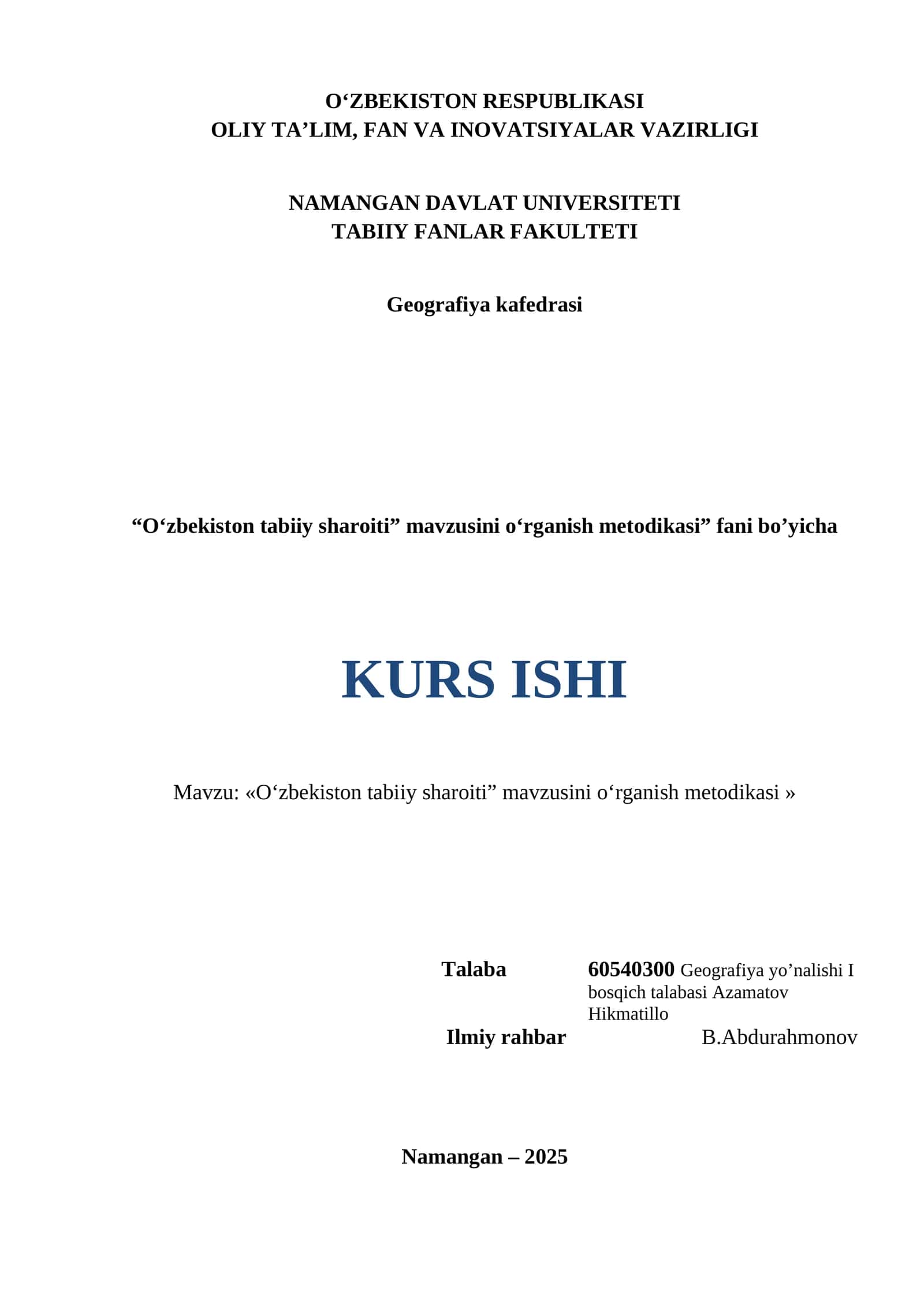 O‘zbekiston tabiiy sharoiti fani bo’yicha 1