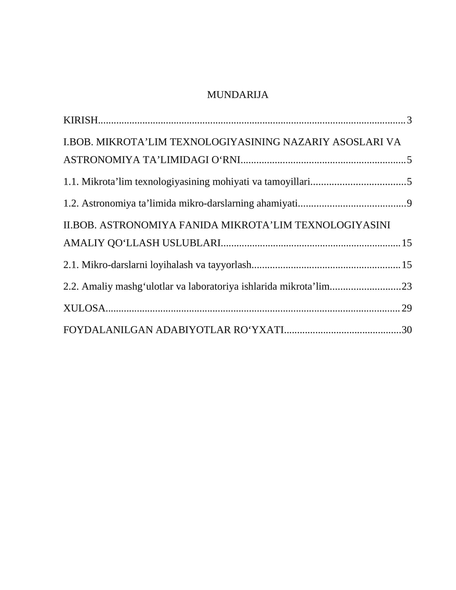 BOB. MIKROTA’LIM TEXNOLOGIYASINING NAZARIY ASOSLARI VA ASTRONOMIYA TA’LIMIDAGI O‘RNI 1