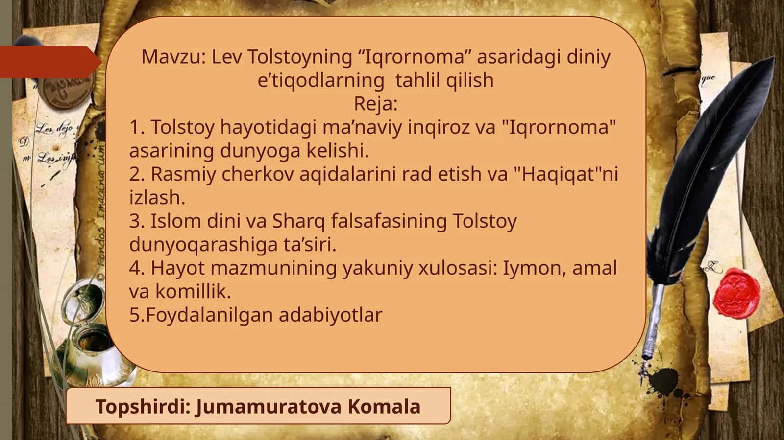 Tolstoyning “Iqrornoma” asaridagi diniy e’tiqodlarning tahlil qilish 1