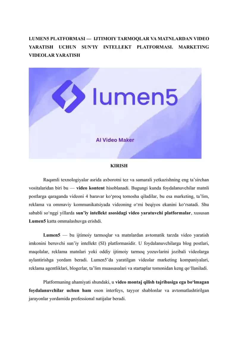 Mavzu: Lumen5 PLATFORMASI 1