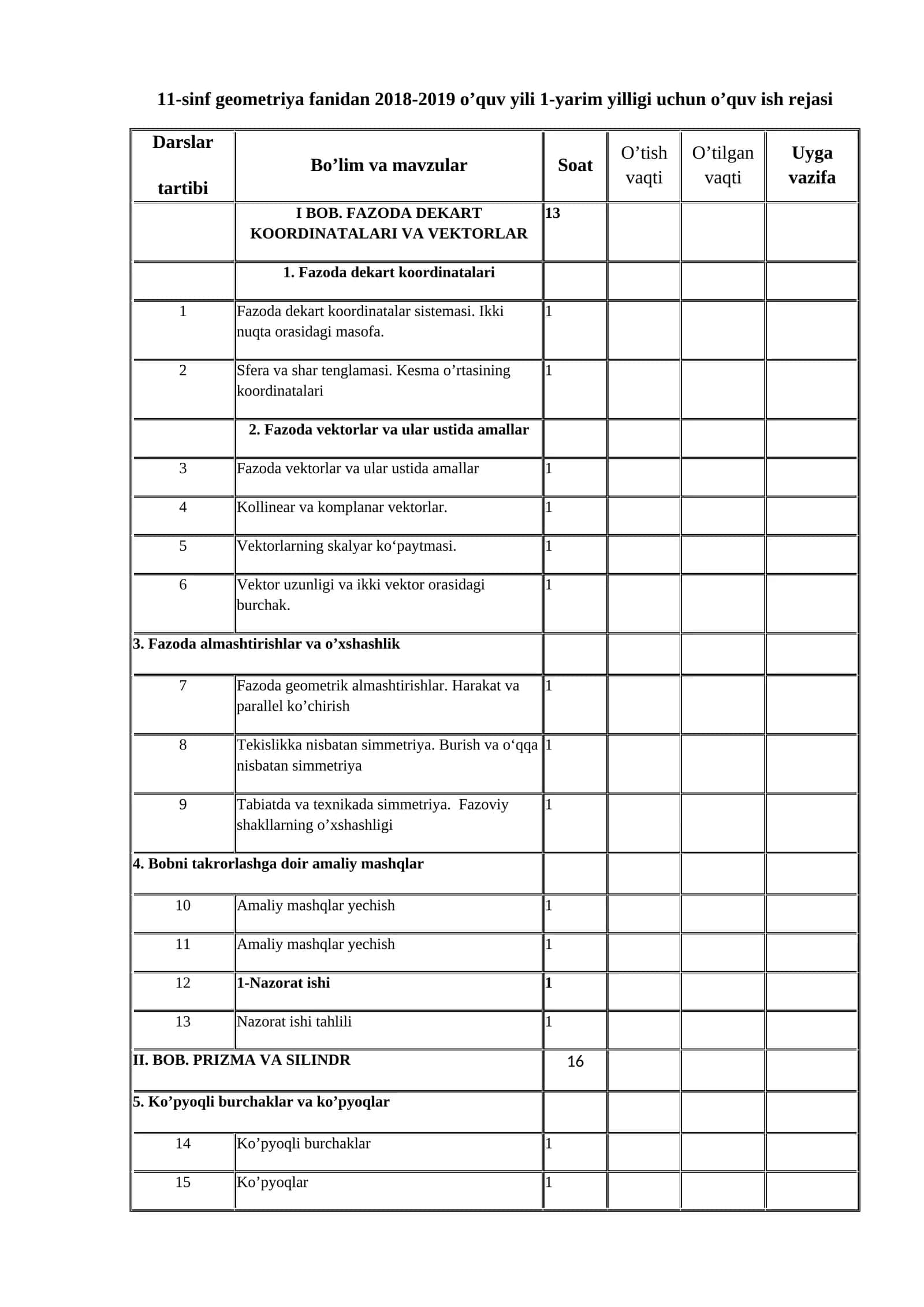11-sinf geometriya fanidan 2018-2019 o’quv yili 1-yarim yilligi uchun o’quv ish rejasi 1