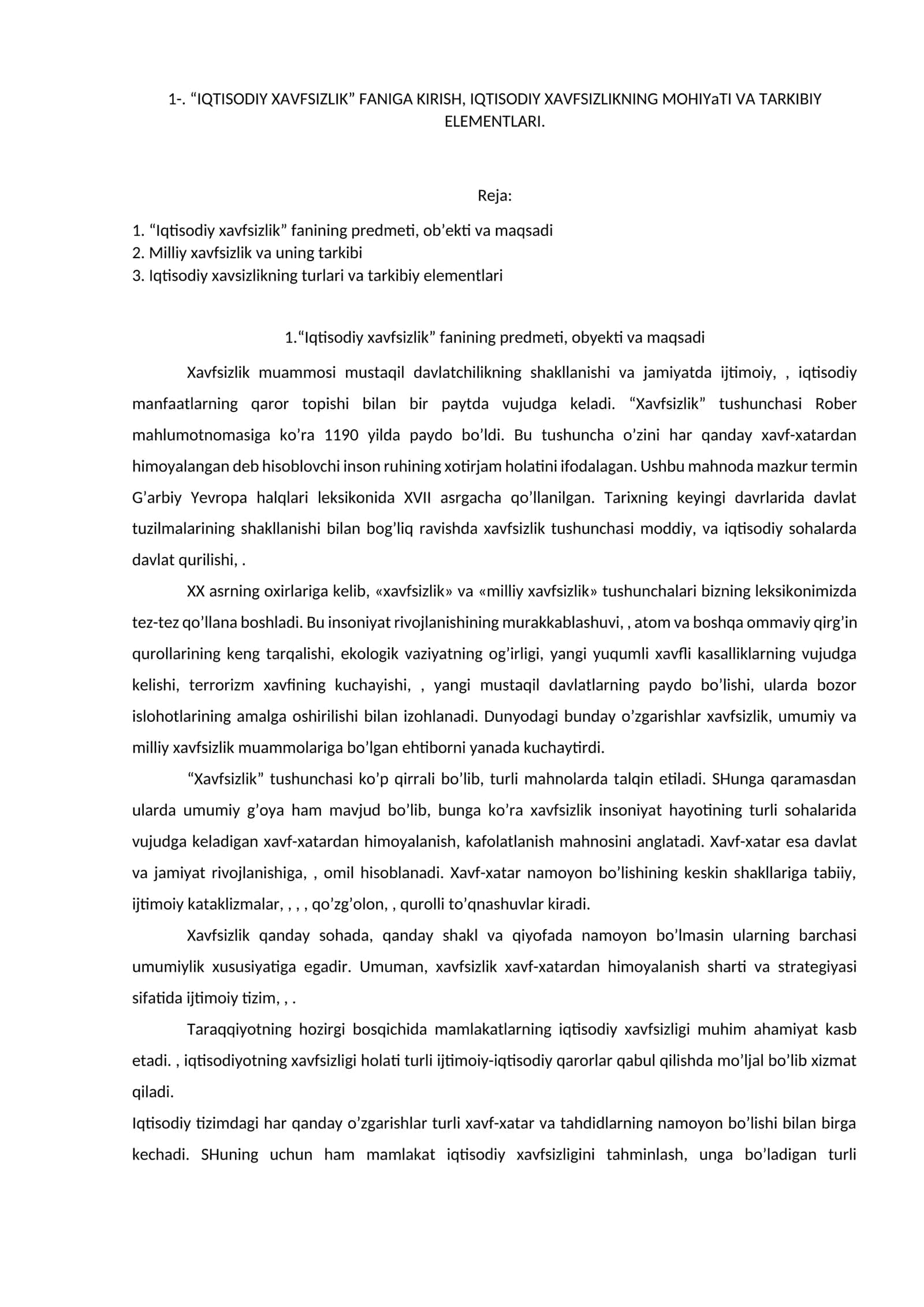 "IQTISODIY XAVFSIZLIK" FANIGA KIRISH 1