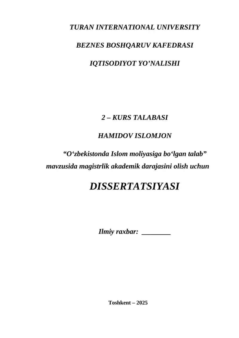 "O‘zbekistonda Islom moliyasiga bo‘lgan talab" dissertatsiyasi 1