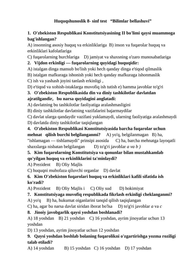 Huquqshunoslik 8- sinf test “Bilimlar bellashuvi” 1