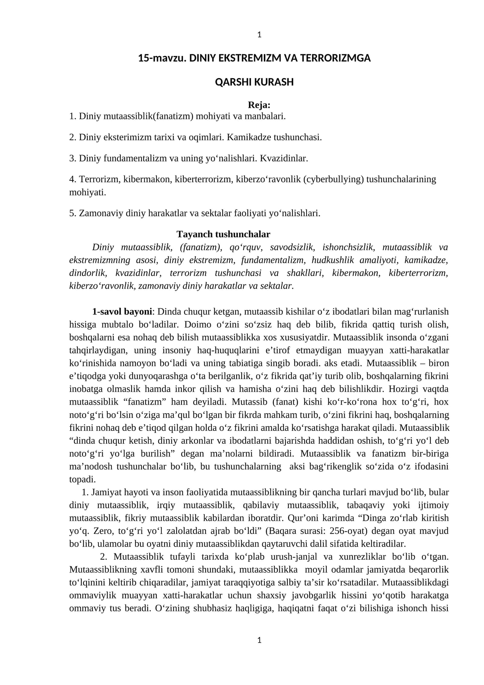 15-mavzu. DINIY EKSTREMIZM VA TERRORIZMGA QARSHI KURASH 1