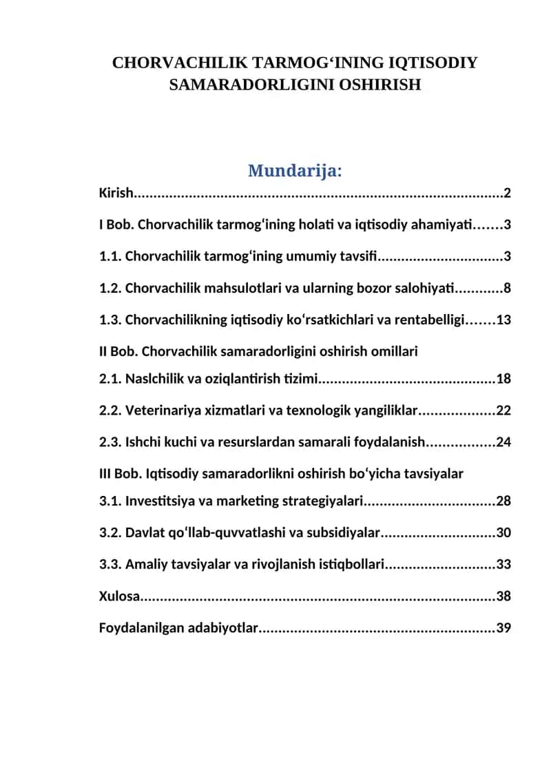 CHORVACHILIK TARMOG‘INING IQTISODIY SAMARADORLIGINI OSHIRISH 1