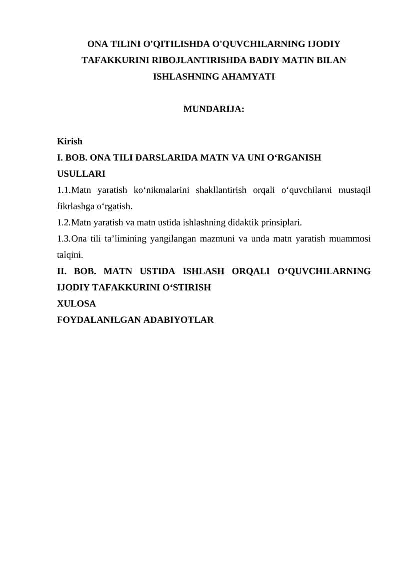 ONA TILINI O'QITILISHDA O'QUVCHILARNING IJODIY TAFAKKURINI RIBOJLANTIRISHDA BADIY MATIN BILAN ISHLASHNING AHAMYATI 1