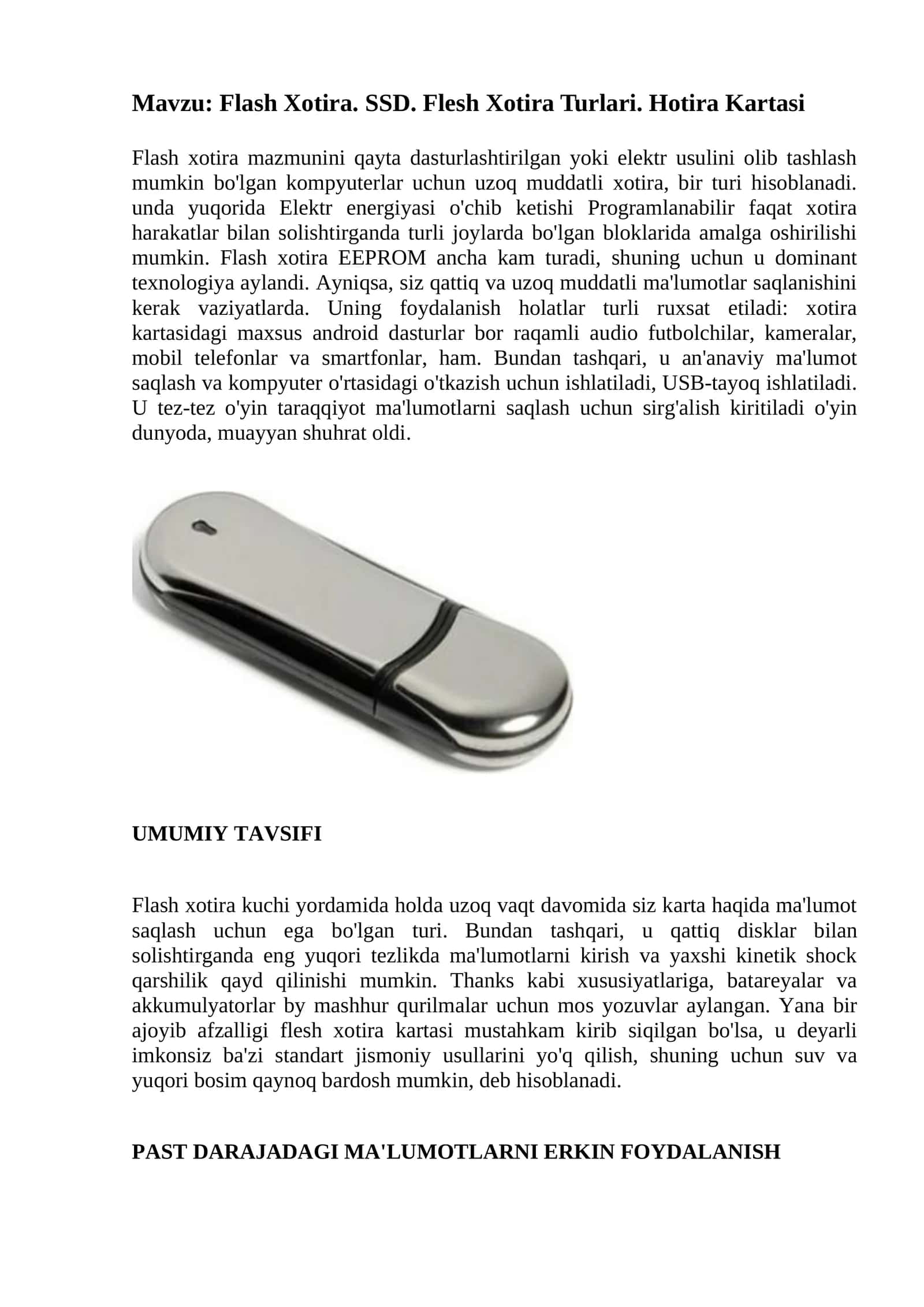 Flash Xotira. SSD. Flesh Xotira Turlari. Hotira Kartasi 1