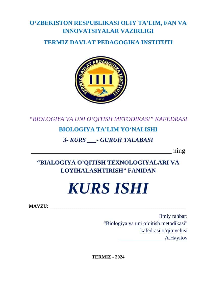 BIOLOGIYA O’QITISH TEXNOLOGIYALARI VA LOYIHALASHTIRISH 1