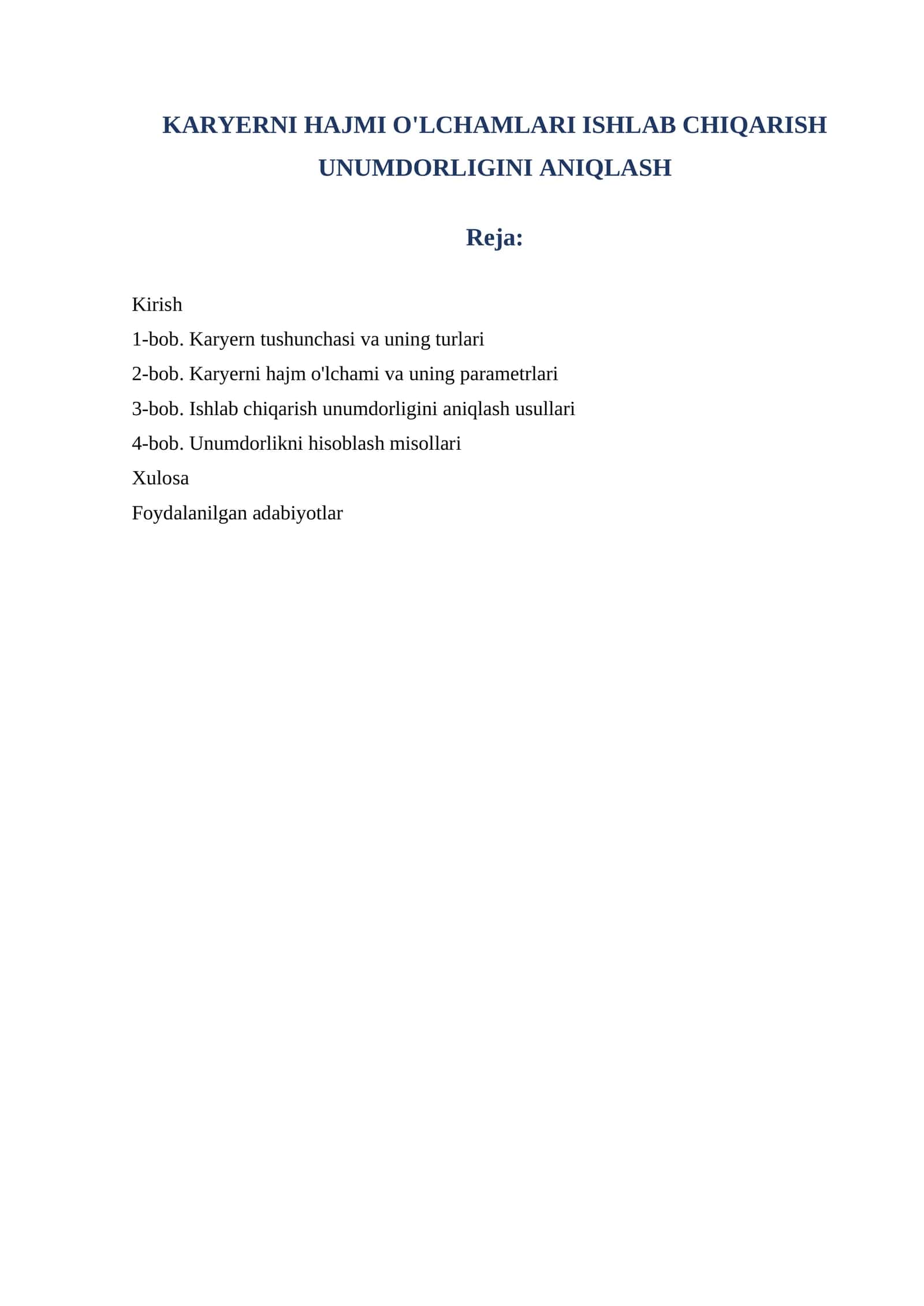 Karyerni Hajmi O'lchamlari Ishlab Chiqarish Unumdorligini Aniqlash 1