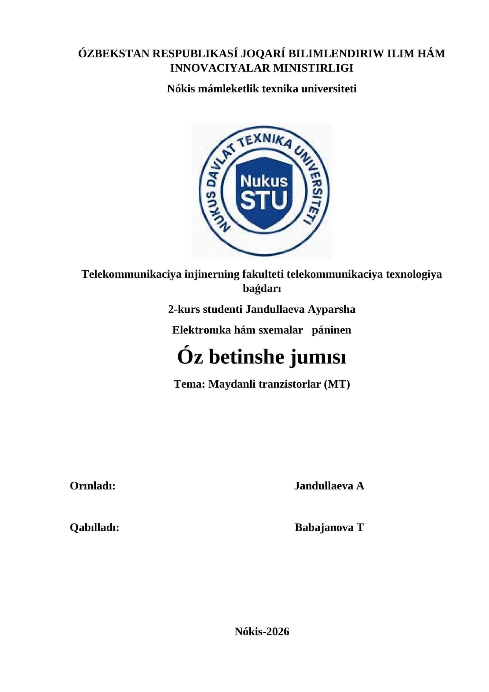 Maydanli tranzistorlar (MT) 1