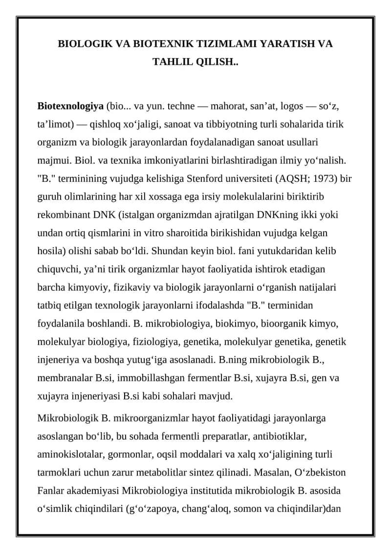 BIOLOGIK VA BIOTEXNIK TIZIMLAMI YARATISH VA TAHLIL QILISH 1