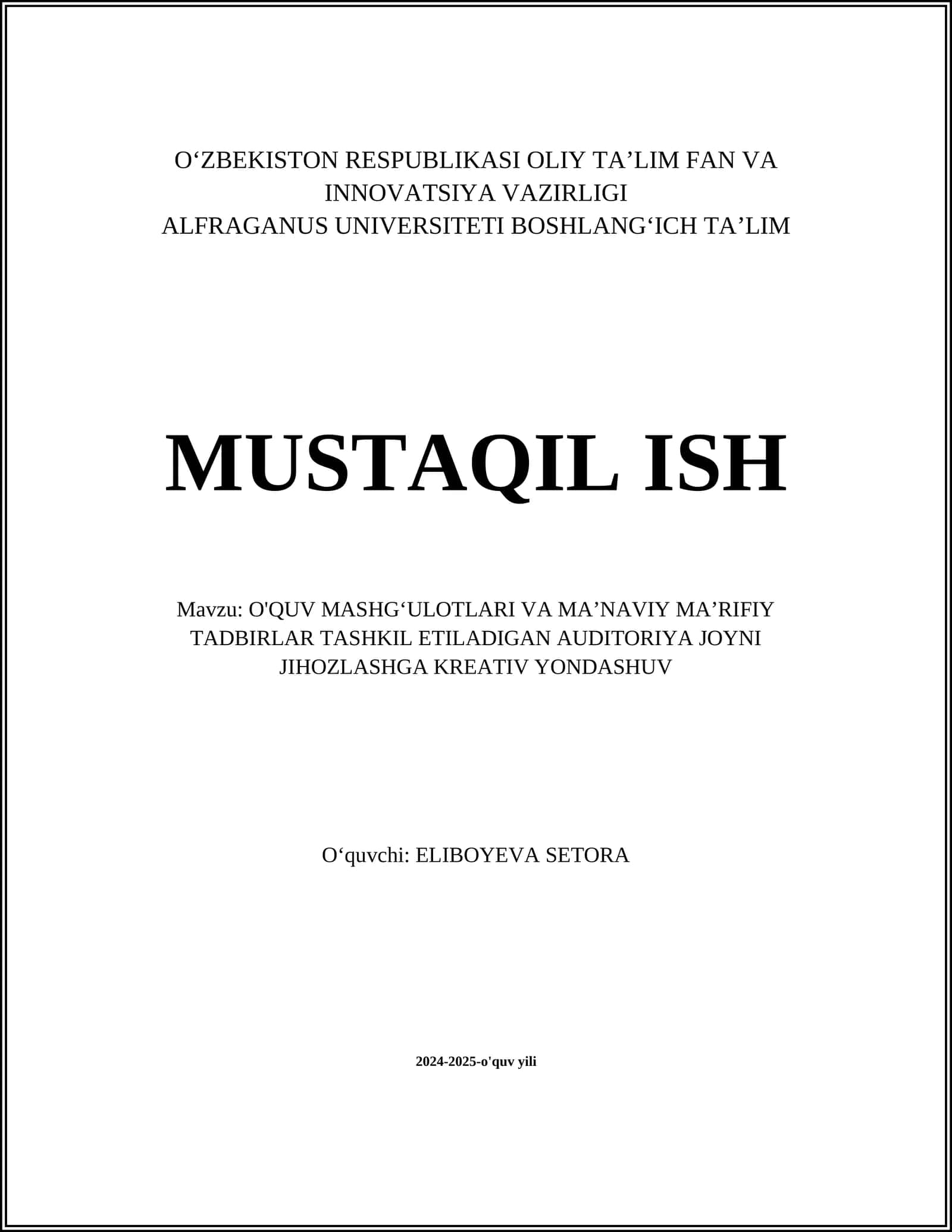 O'QUV MASHGʻULOTLARI VA MAʼNAVIY MAʼRIFIY TADBIRLAR TASHKIL ETILADIGAN AUDITORIYA JOYNI JIHOZLASHGA KREATIV YONDASHUV 1