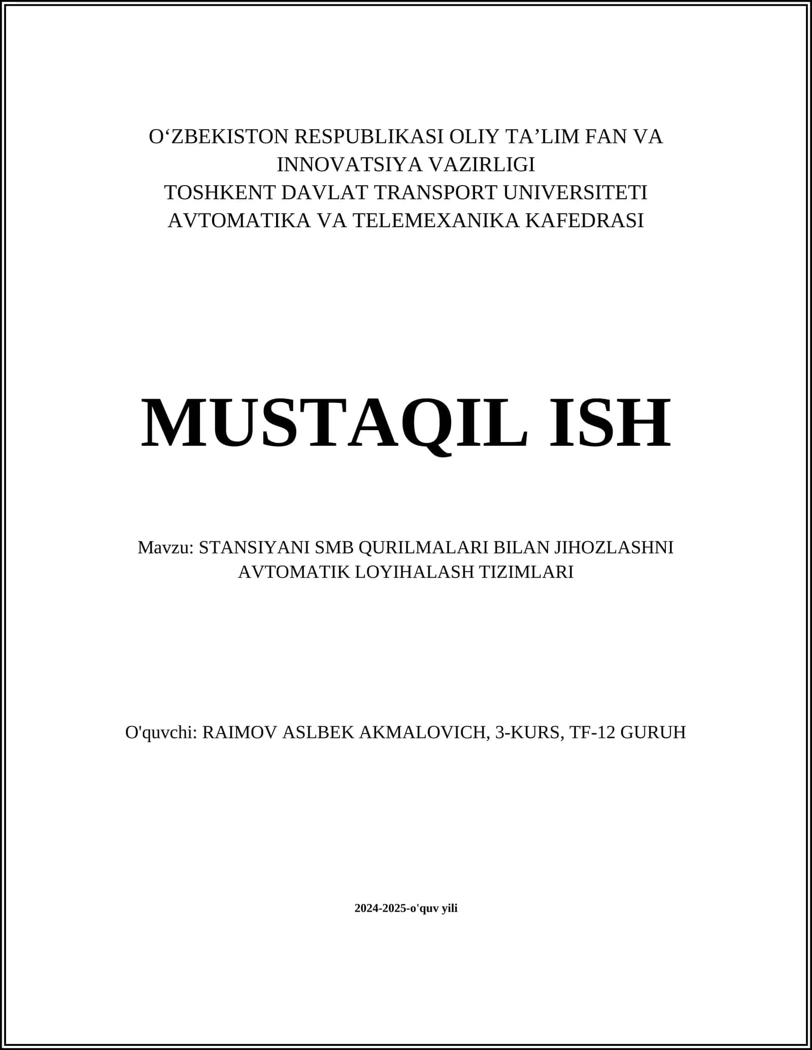 STANSIYANI SMB QURILMALARI BILAN JIHOZLASHNI AVTOMATIK LOYIHALASH TIZIMLARI 1