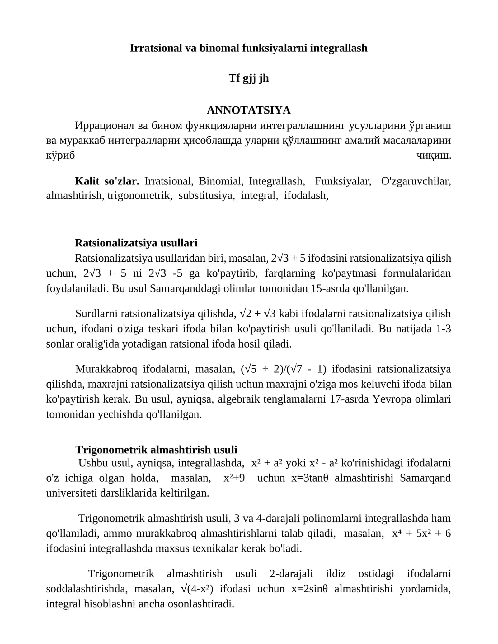 Irratsional va binomal funksiyalarni integrallash 1