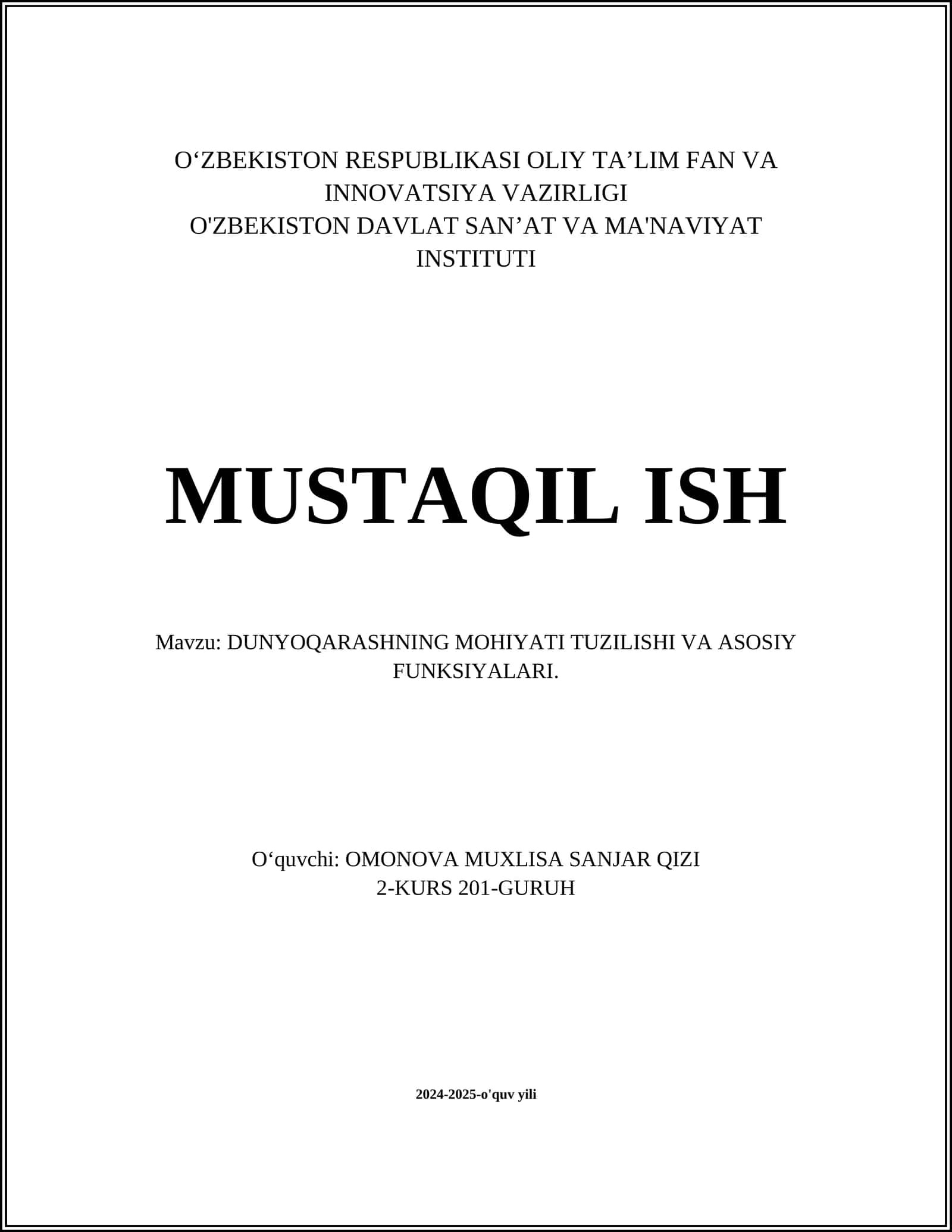 DUNYOQARASHNING MOHIYATI TUZILISHI VA ASOSIY FUNKSIYALARI 1
