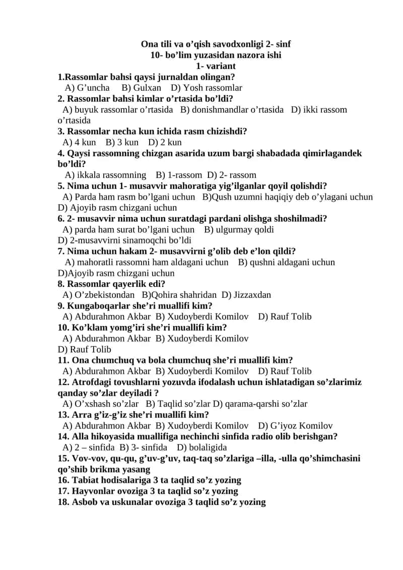 Ona tili va o’qish savodxonligi 2- sinf 1
