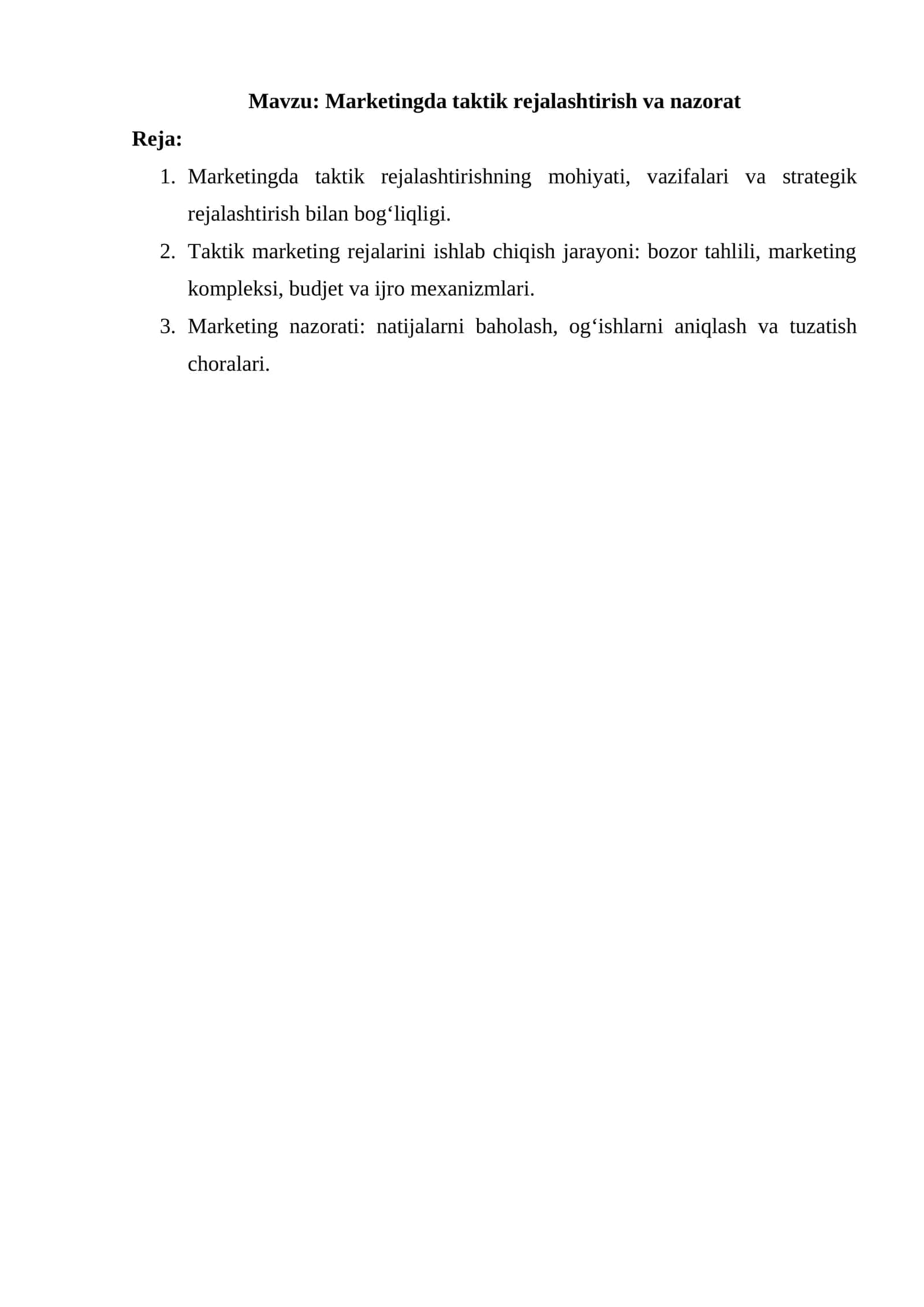 Marketingda taktik rejalashtirish va nazorat 1
