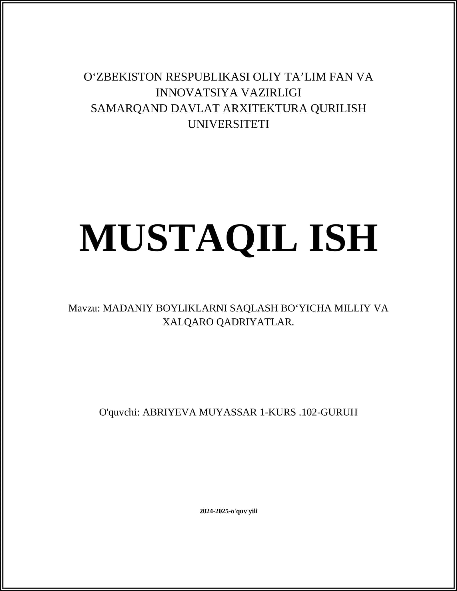 MADANIY BOYLIKLARNI SAQLASH BOʻYICHA MILLIY VA XALQARO QADRIYATLAR 1