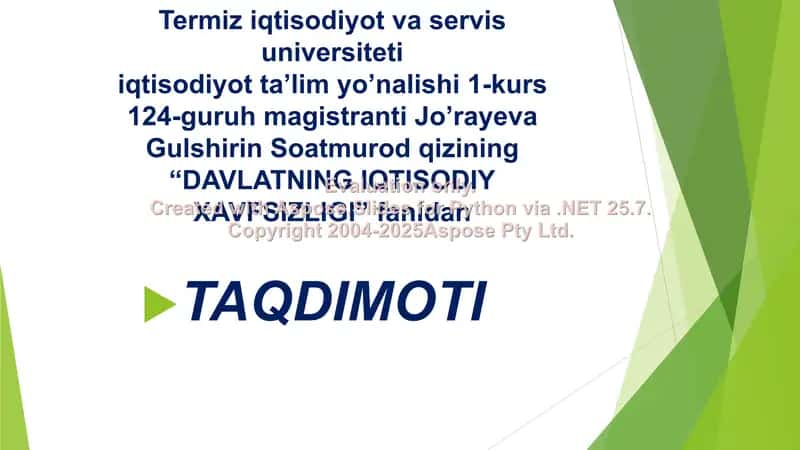 “DAVLATNING IQTISODIY XAVFSIZLIGI” taqdimoti 1