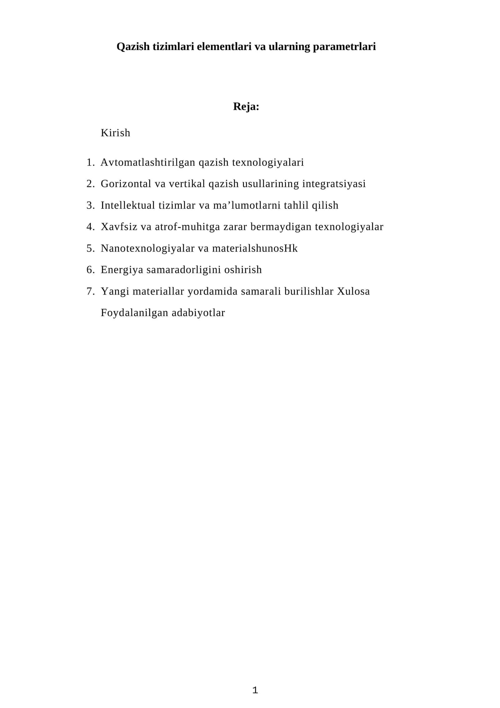 Qazish tizimlari elementlari va ularning parametrlari 1