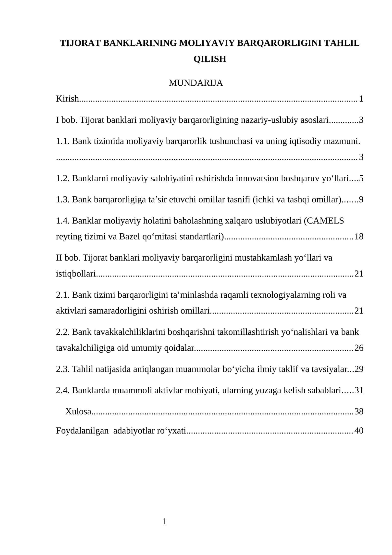 TIJORAT BANKLARINING MOLIYAVIY BARQARORLIGINI TAHLIL QILISH 1
