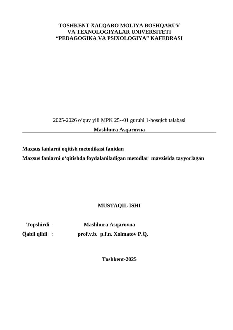 Maxsus Fanlarni O'qitishda Metod Tanlash 1