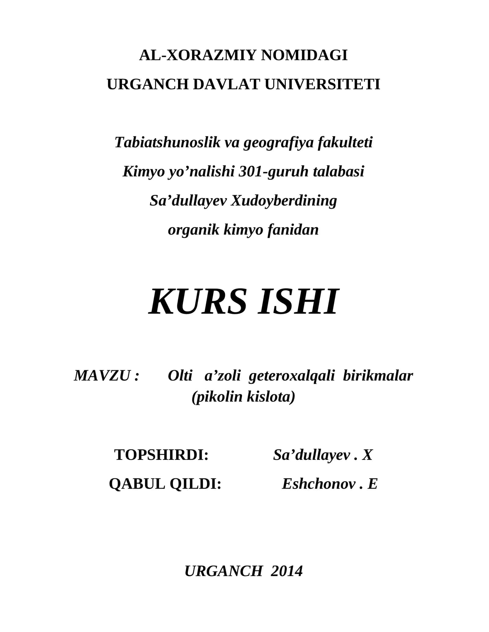 Olti a'zoli geteroxalqali birikmalar (pikolin kislota) 1