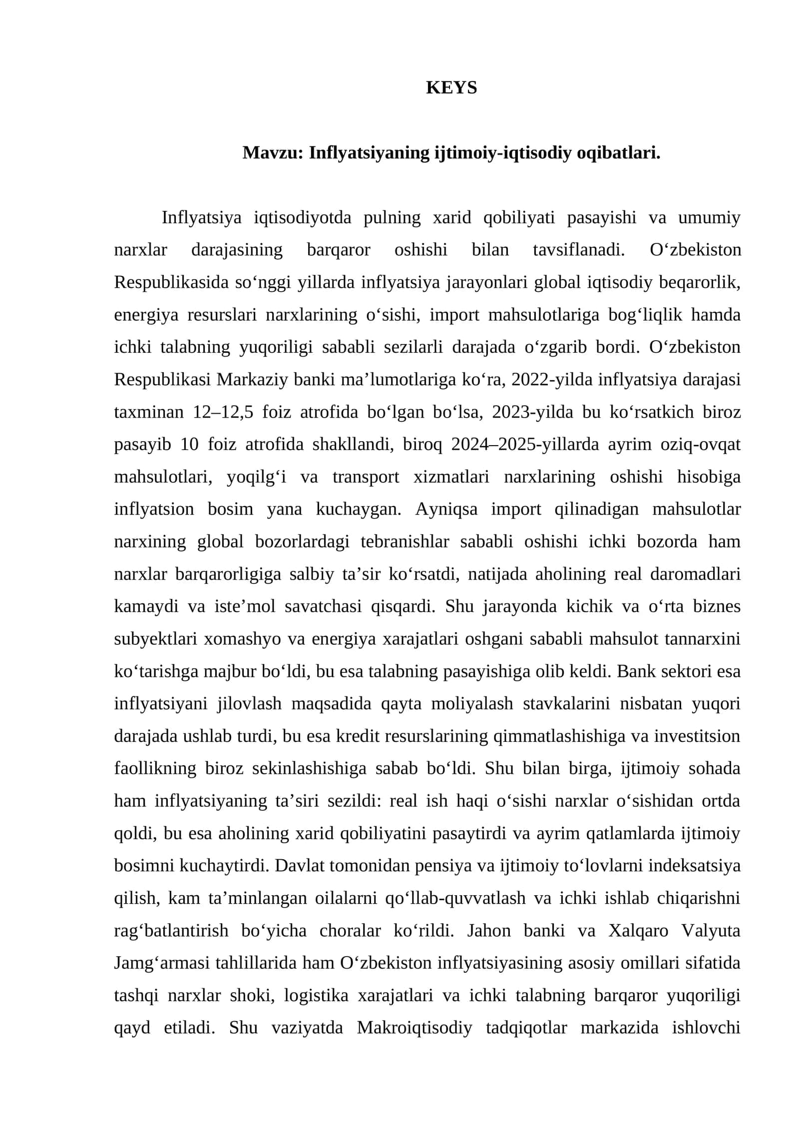 Inflyatsiyaning ijtimoiy-iqtisodiy oqibatlari. keys 1
