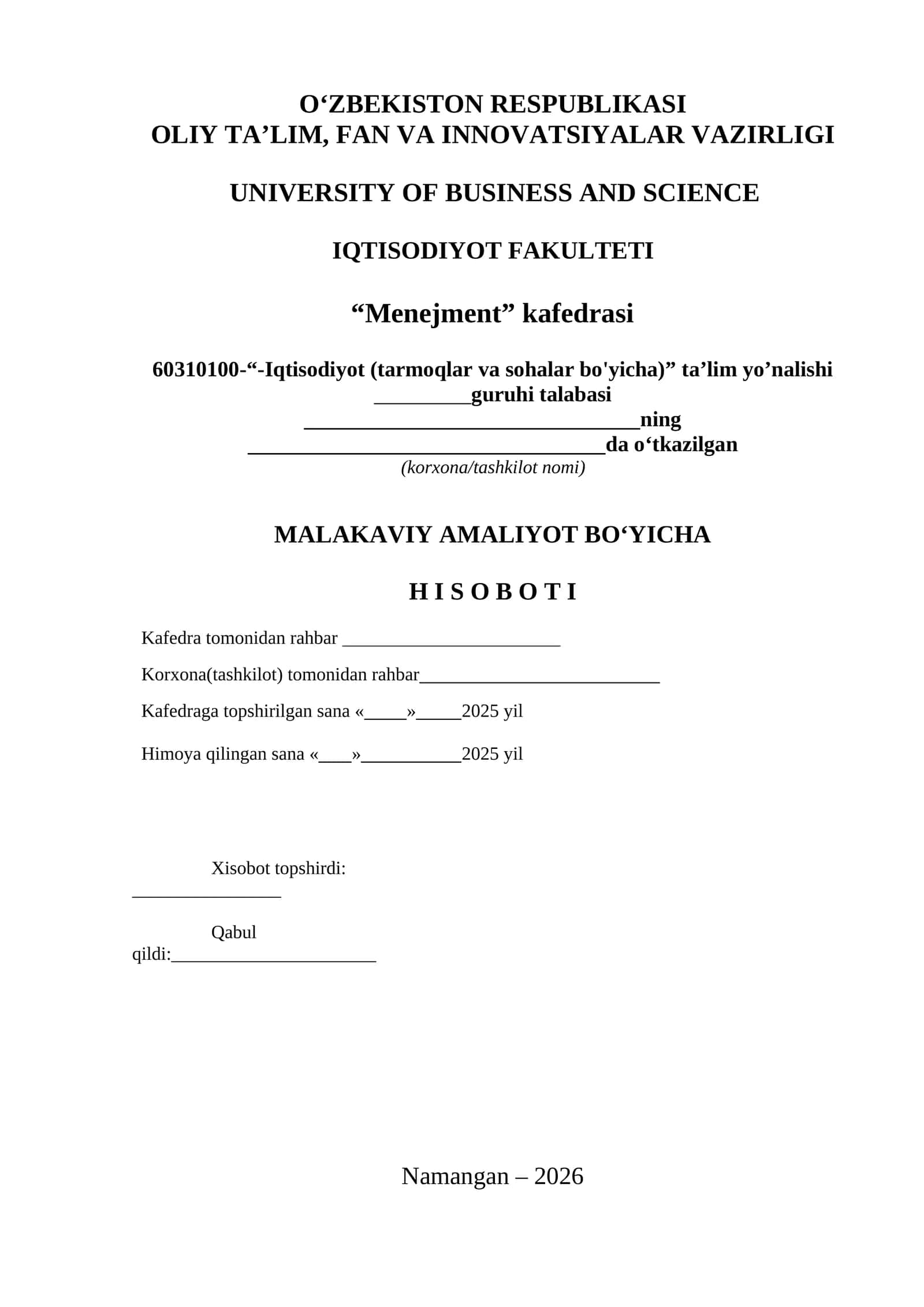 MALAKAVIY AMALIYOT BO‘YICHA H I S O B O T I 1