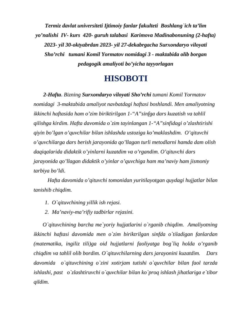 Karimova Madinabonuning Pedagogik Amaliyoti 1