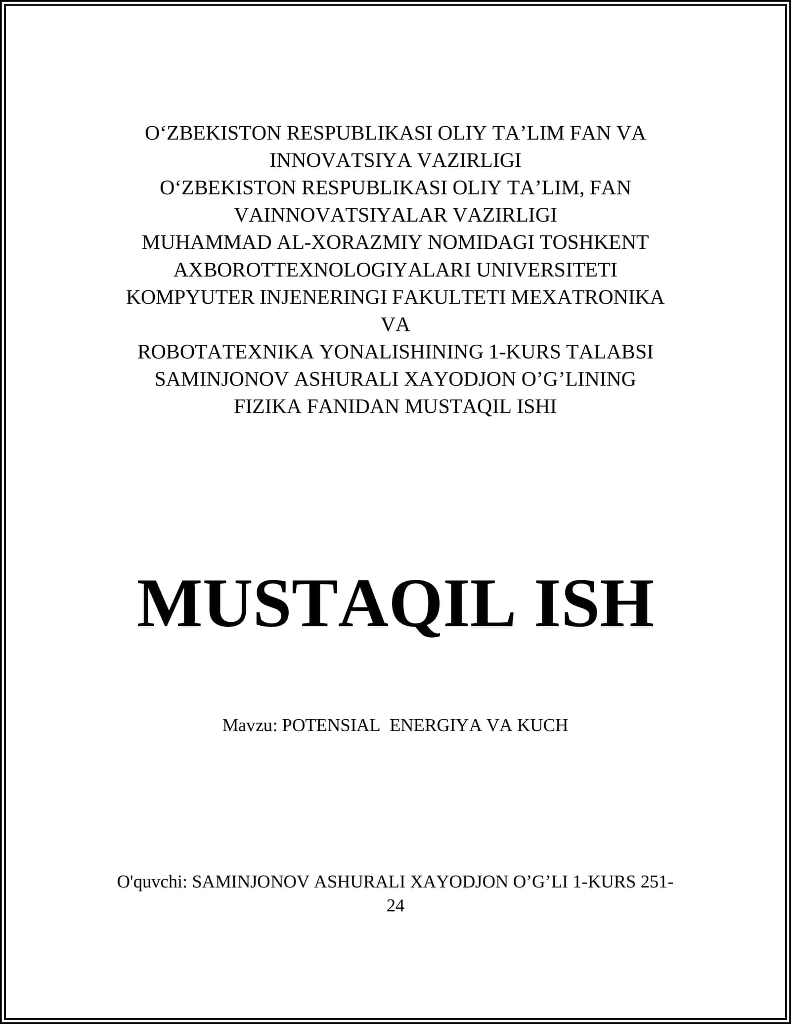 POTENSIAL ENERGIYA VA KUCH 1