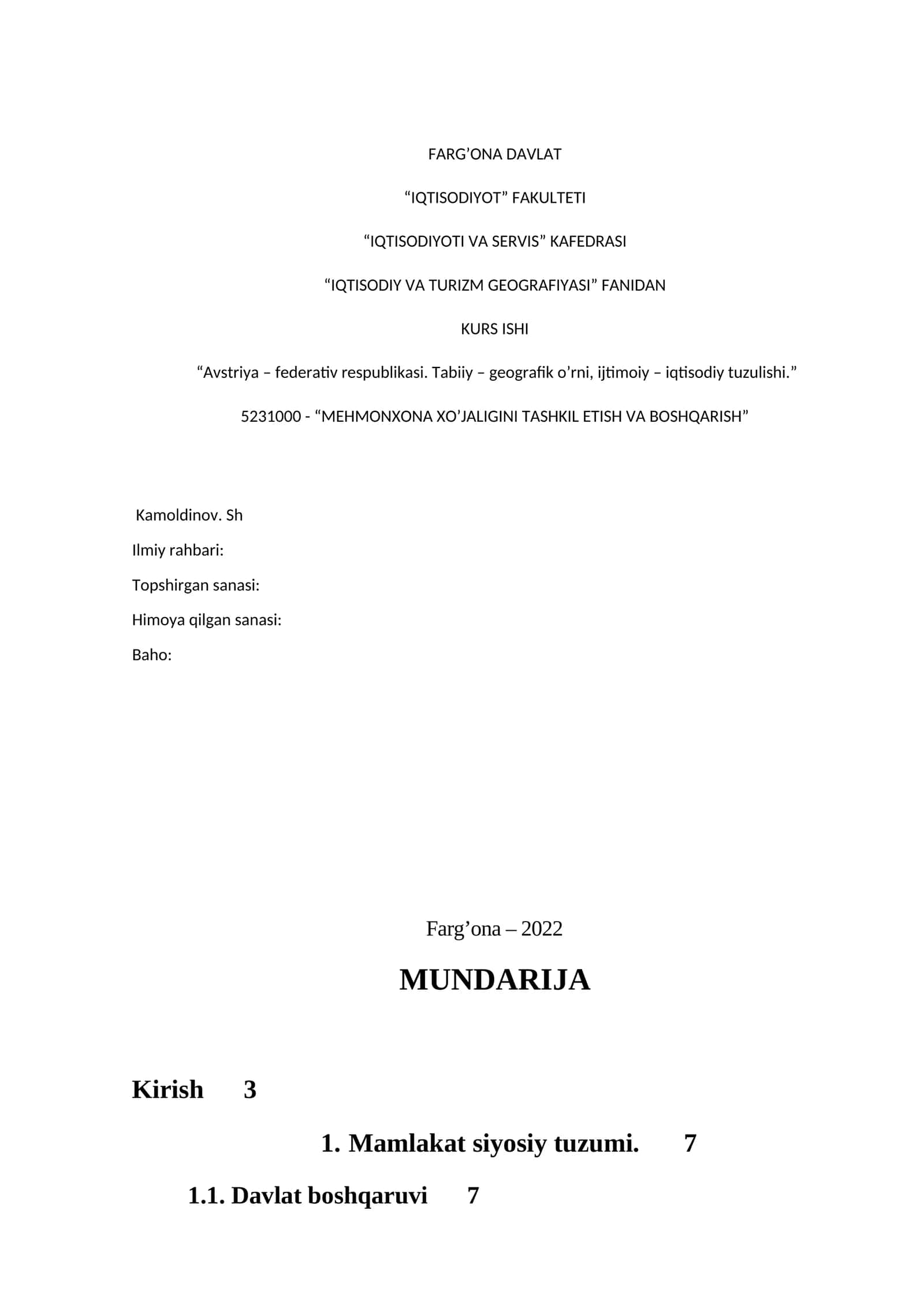 Avstriya – federativ respublikasi. Tabiiy – geografik o’rni, ijtimoiy – iqtisodiy tuzulishi 1