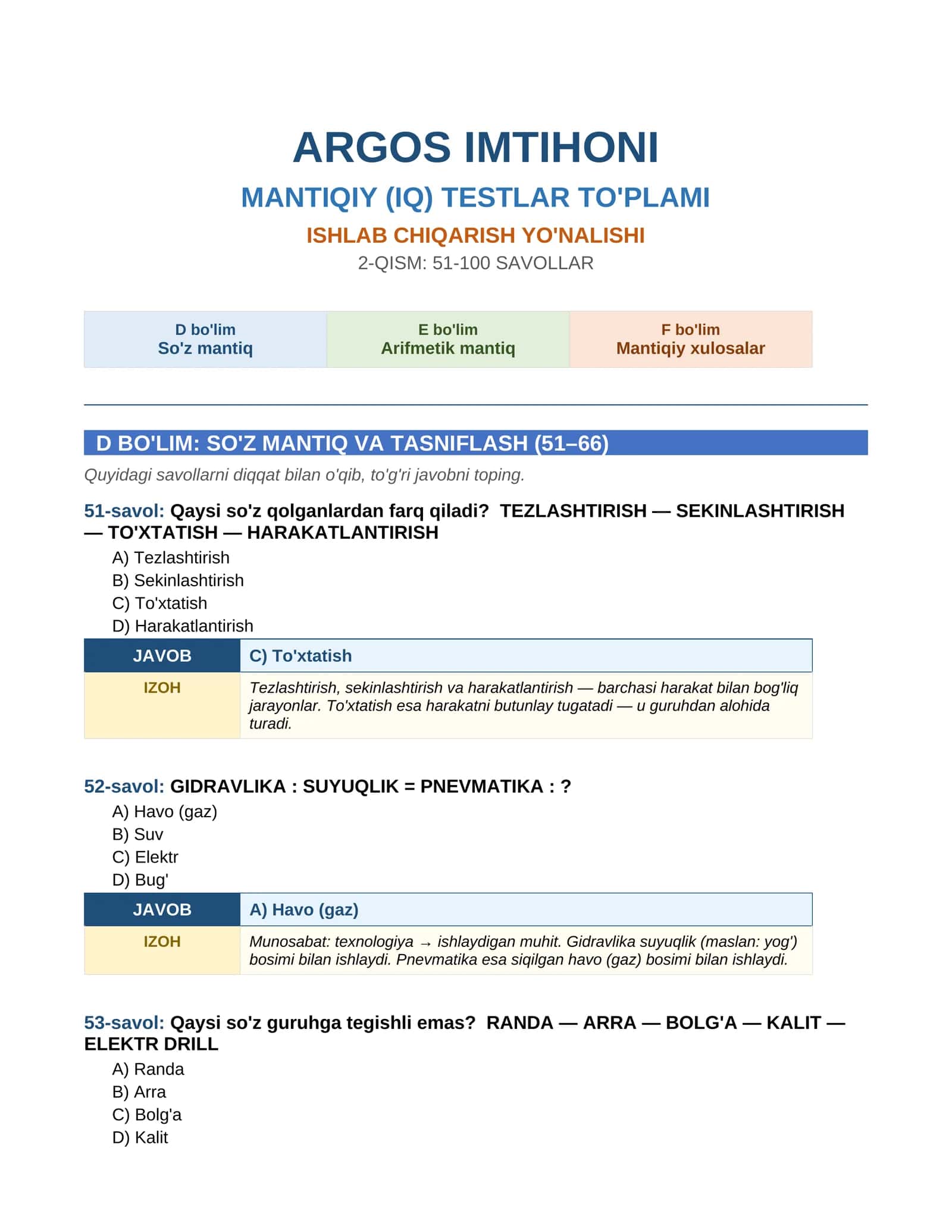 ARGOS IMTIHONI MANTIQIY (IQ) TESTLAR TO'PLAMI 1