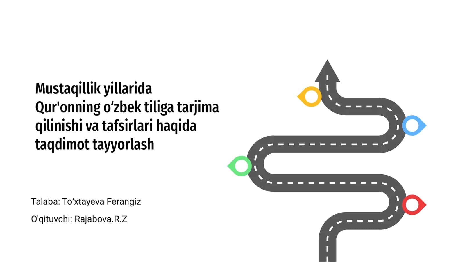 Mustaqillik yillarida Qur'onning oʻzbek tiliga tarjima qilinishi va tafsirlari haqida taqdimot tayyorlash 1